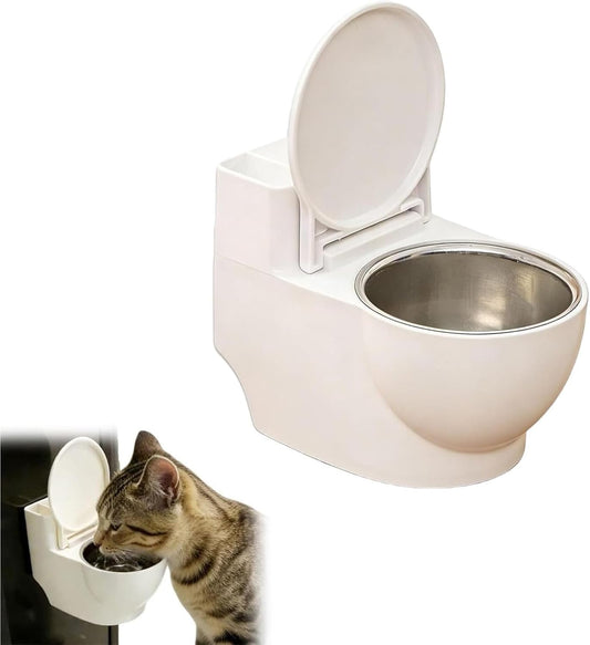 Toilet-Shaped Water Bowl for Cats, Wall-Mounted Cat Toilet Water Bowl Pet Food Dispenser for Cat Dog, Small Funny Bowls, Stainless Steel, Pet Fountain for Your Cat Drink More Water (White)